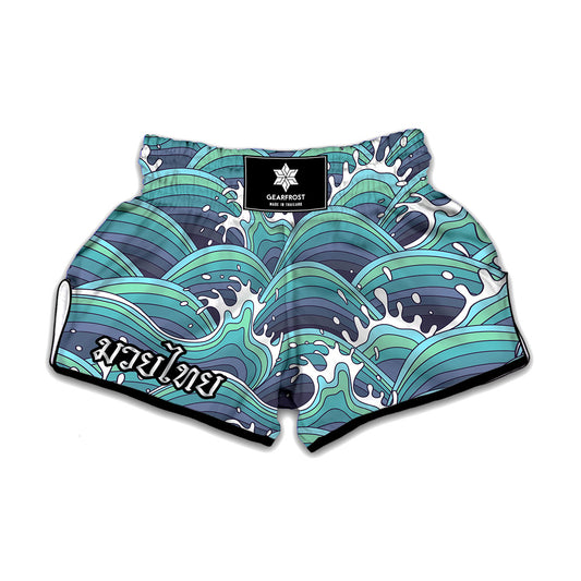 Sea Wave Surfing Pattern Print Muay Thai Boxing Shorts
