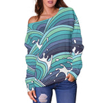 Sea Wave Surfing Pattern Print Off Shoulder Sweatshirt GearFrost