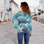 Sea Wave Surfing Pattern Print Off Shoulder Sweatshirt GearFrost