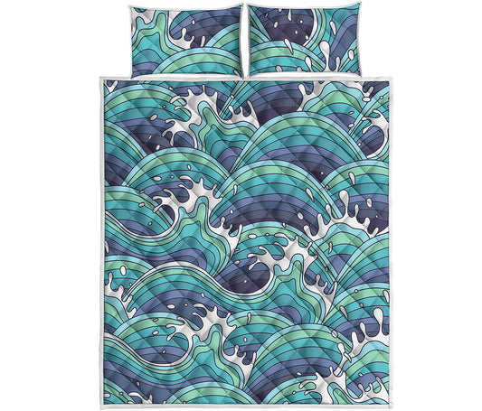 Sea Wave Surfing Pattern Print Quilt Bed Set