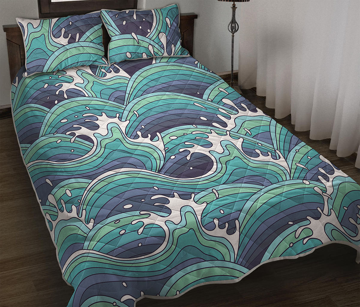 Sea Wave Surfing Pattern Print Quilt Bed Set