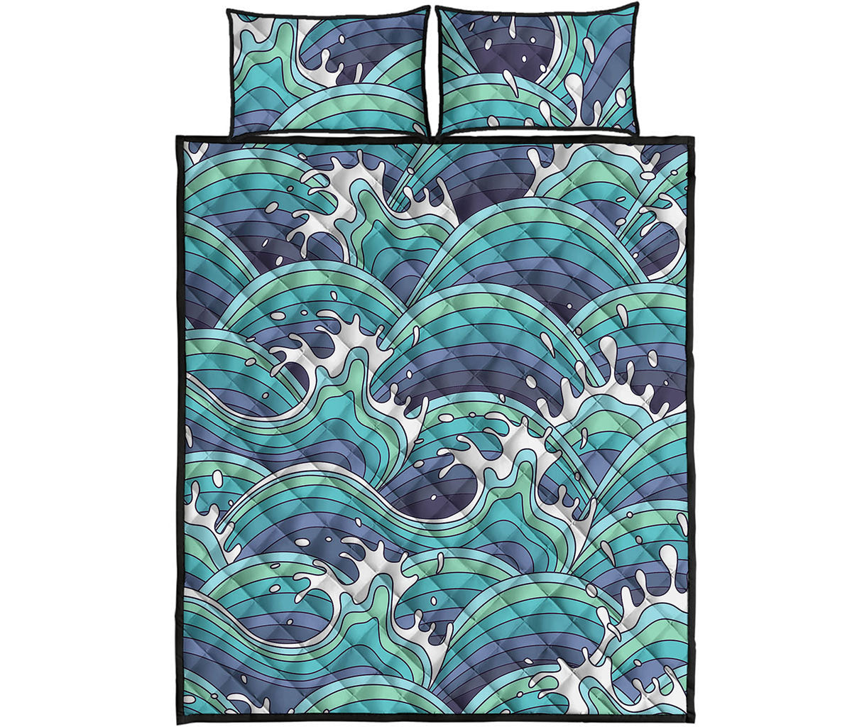 Sea Wave Surfing Pattern Print Quilt Bed Set
