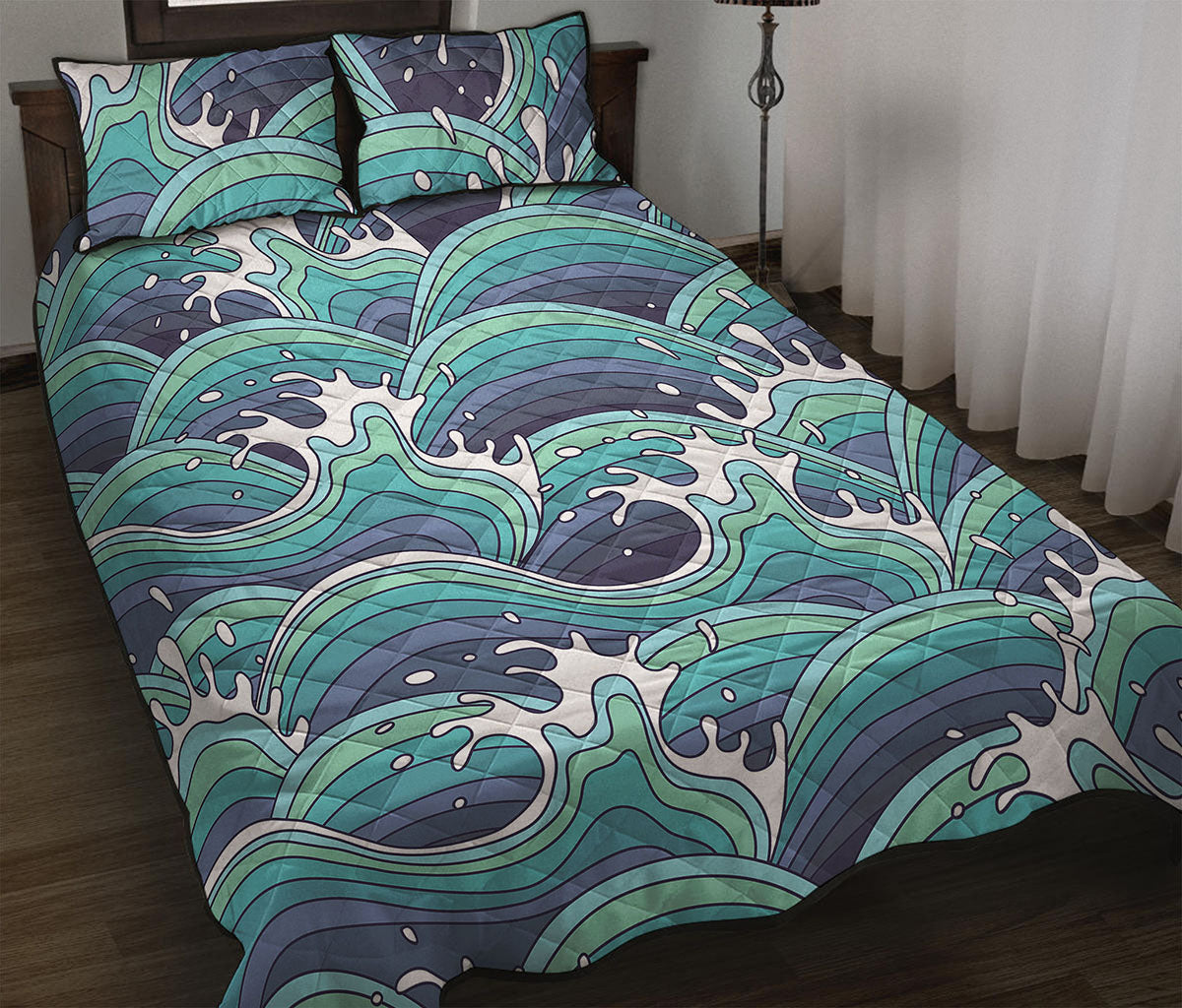 Sea Wave Surfing Pattern Print Quilt Bed Set