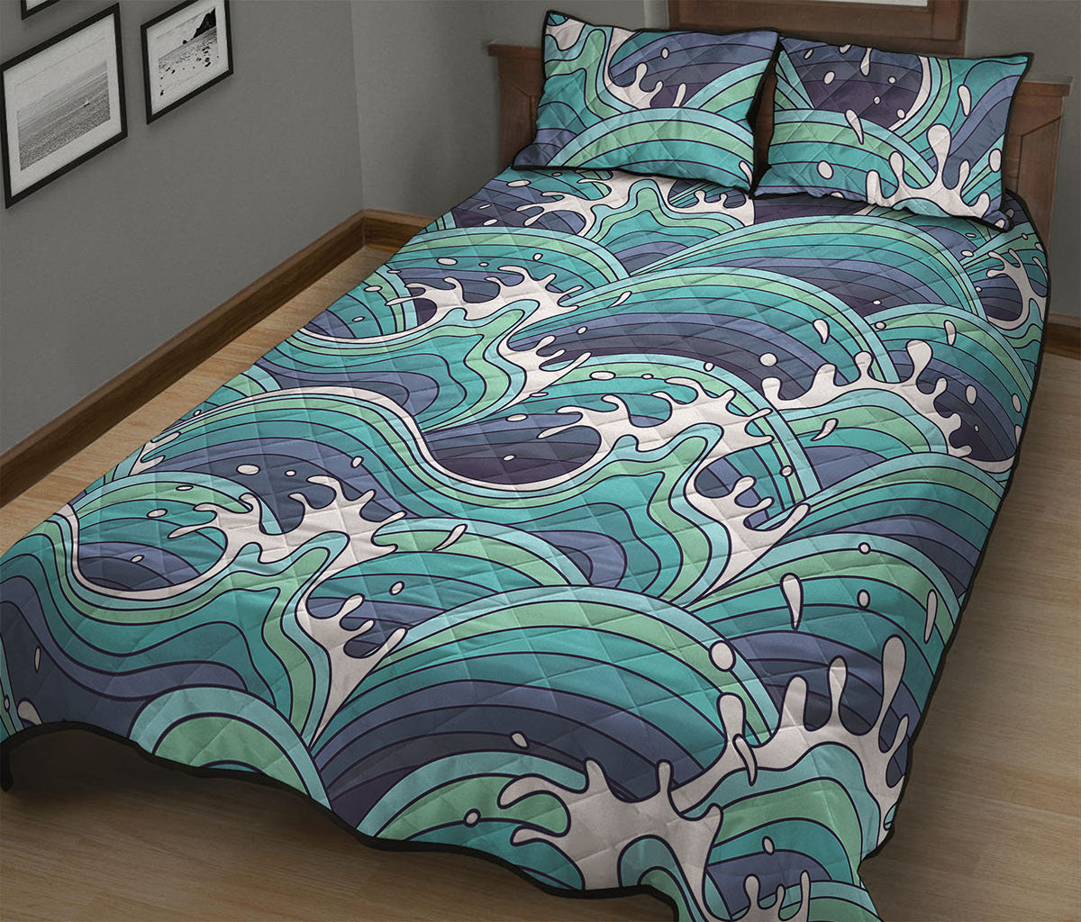 Sea Wave Surfing Pattern Print Quilt Bed Set