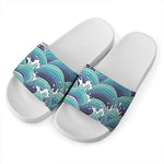 Sea Wave Surfing Pattern Print White Slide Sandals