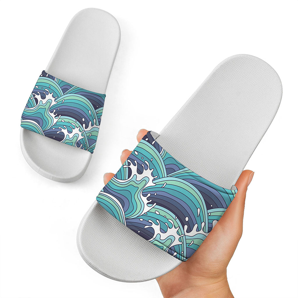 Sea Wave Surfing Pattern Print White Slide Sandals