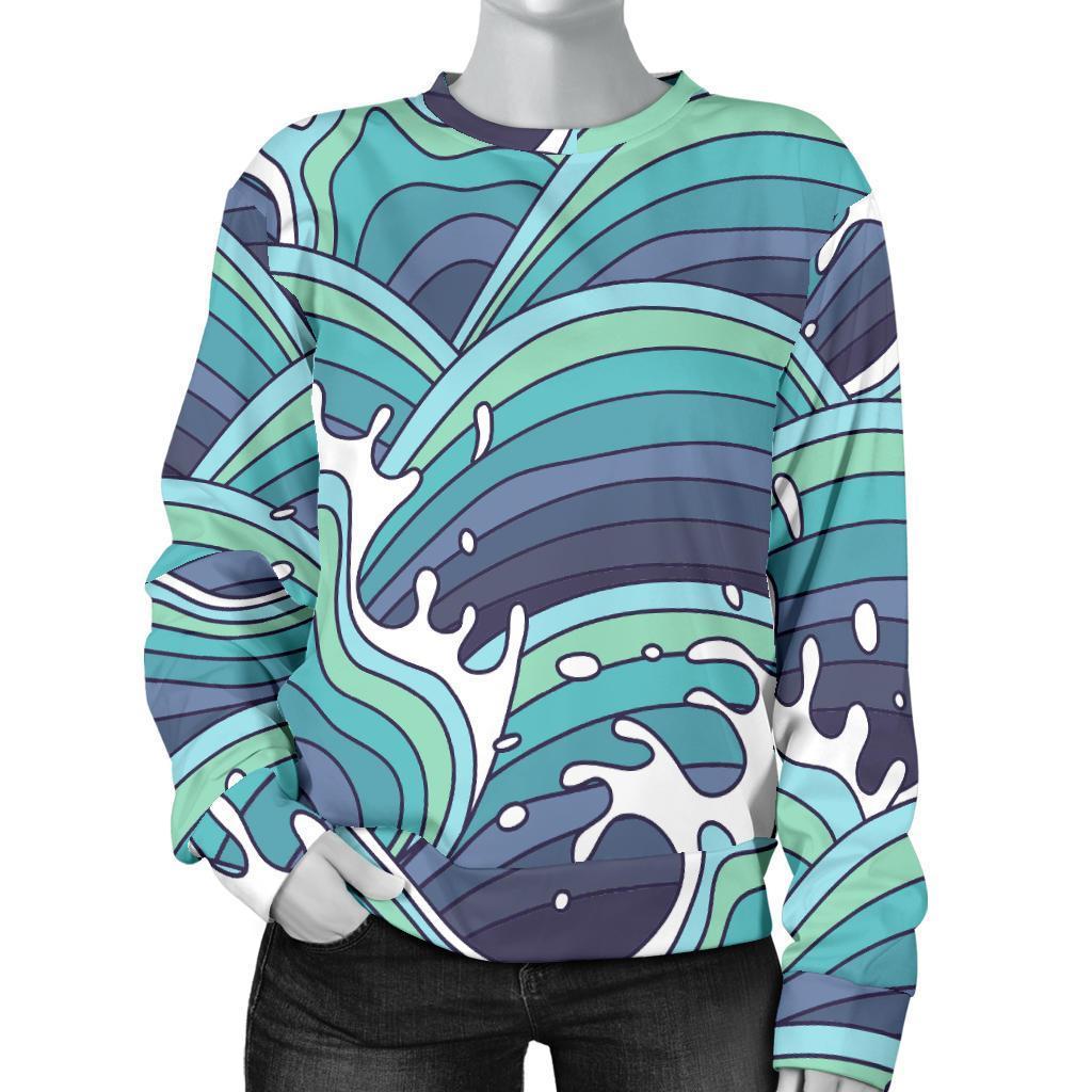 Sea Wave Surfing Pattern Print Women's Crewneck Sweatshirt GearFrost