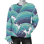 Sea Wave Surfing Pattern Print Women's Crewneck Sweatshirt GearFrost