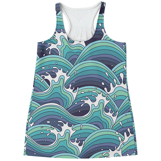 Sea Wave Surfing Pattern Print Women's Racerback Tank Top