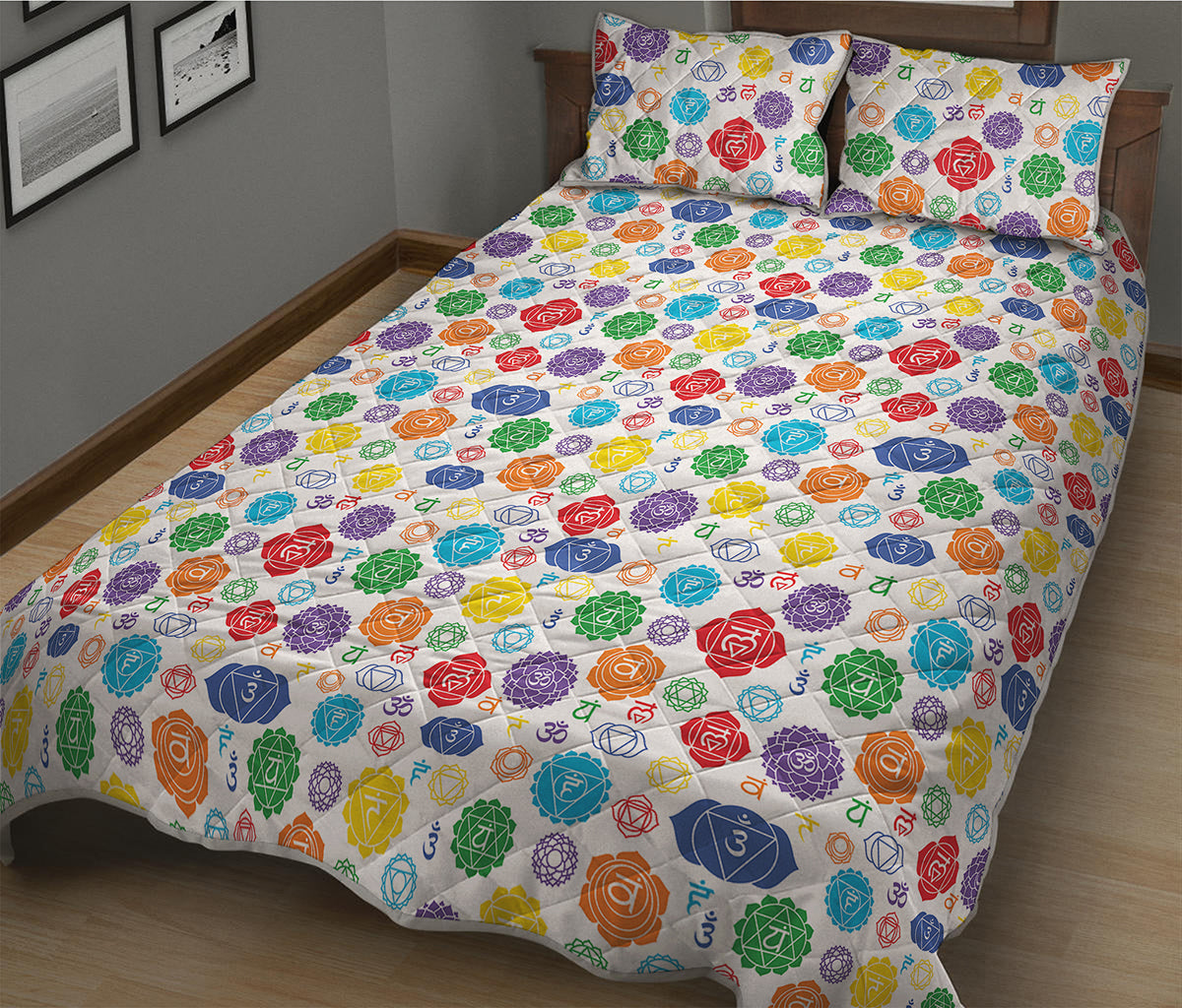 Seven Chakra Symbols Pattern Print Quilt Bed Set