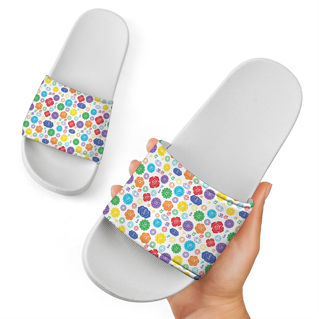 Seven Chakra Symbols Pattern Print White Slide Sandals