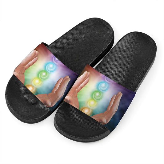 Seven Chakras Energy Print Black Slide Sandals