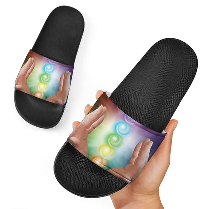 Seven Chakras Energy Print Black Slide Sandals