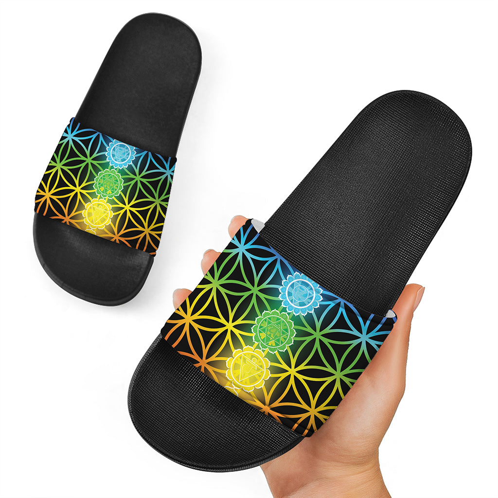 Seven Chakras Flower Of Life Print Black Slide Sandals