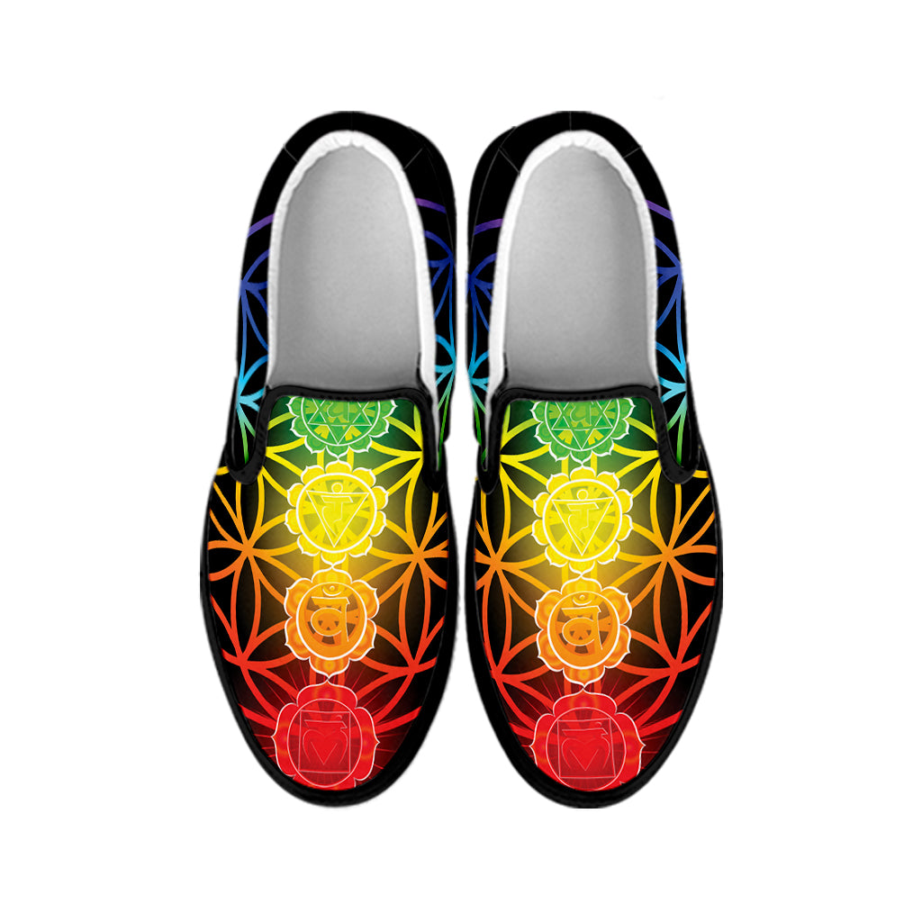 Seven Chakras Flower Of Life Print Black Slip On Shoes