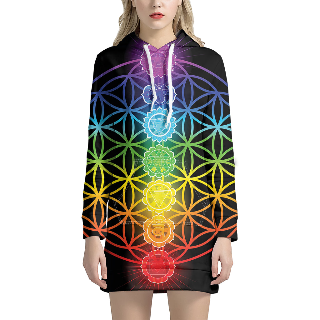 Seven Chakras Flower Of Life Print Pullover Hoodie Dress