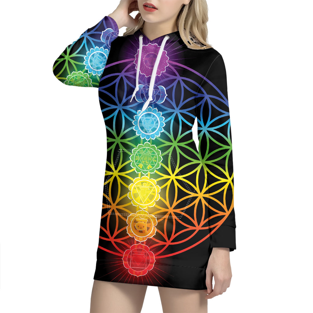 Seven Chakras Flower Of Life Print Pullover Hoodie Dress