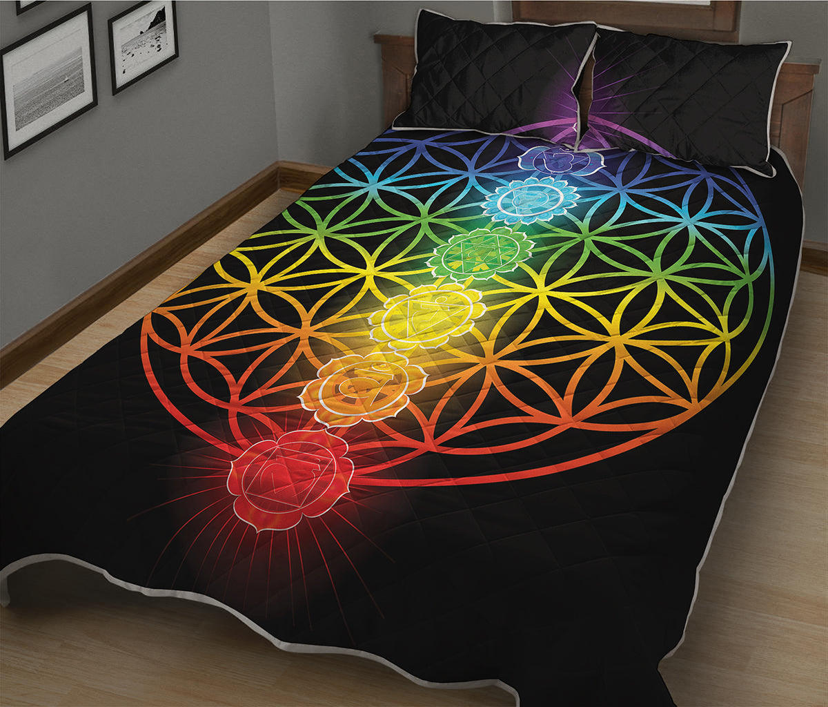 Seven Chakras Flower Of Life Print Quilt Bed Set