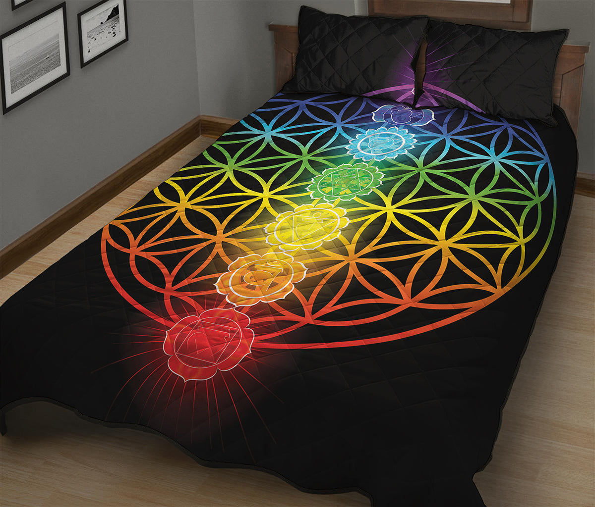 Seven Chakras Flower Of Life Print Quilt Bed Set
