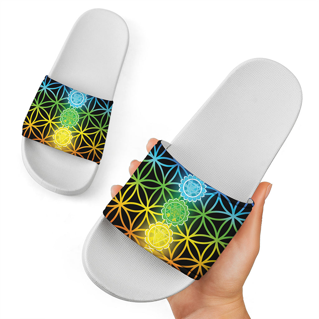 Seven Chakras Flower Of Life Print White Slide Sandals