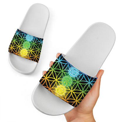 Seven Chakras Flower Of Life Print White Slide Sandals