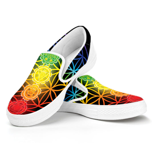 Seven Chakras Flower Of Life Print White Slip On Shoes