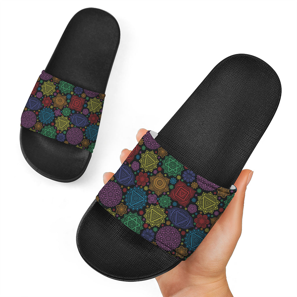 Seven Chakras Flowers Pattern Print Black Slide Sandals