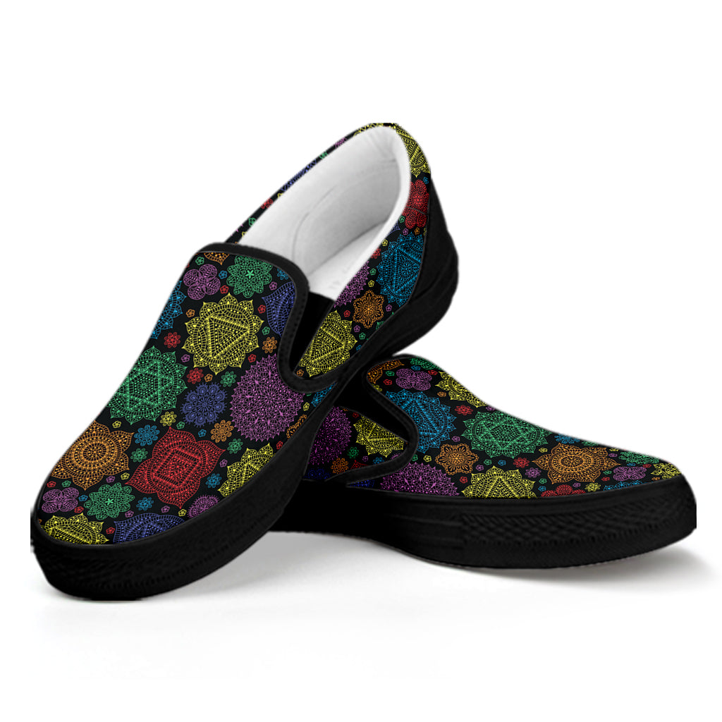 Seven Chakras Flowers Pattern Print Black Slip On Shoes