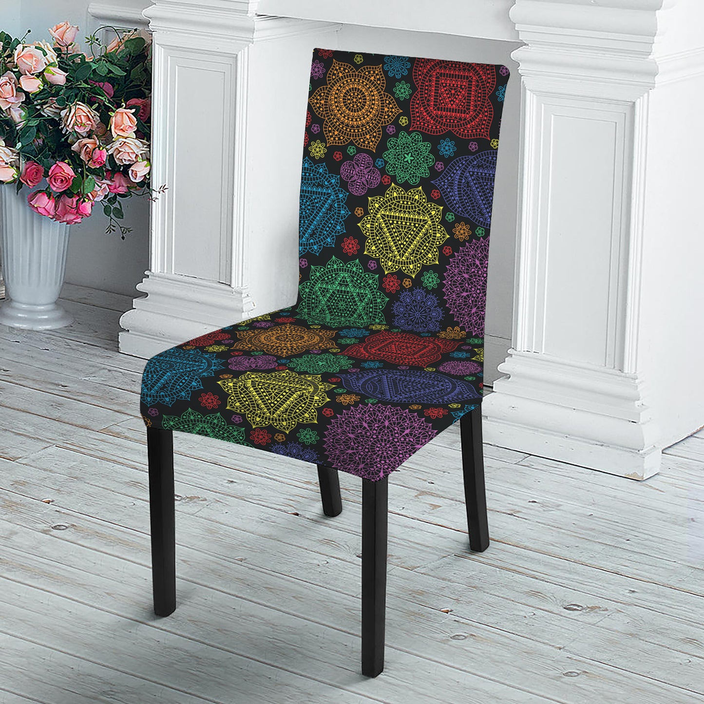 Seven Chakras Flowers Pattern Print Dining Chair Slipcover