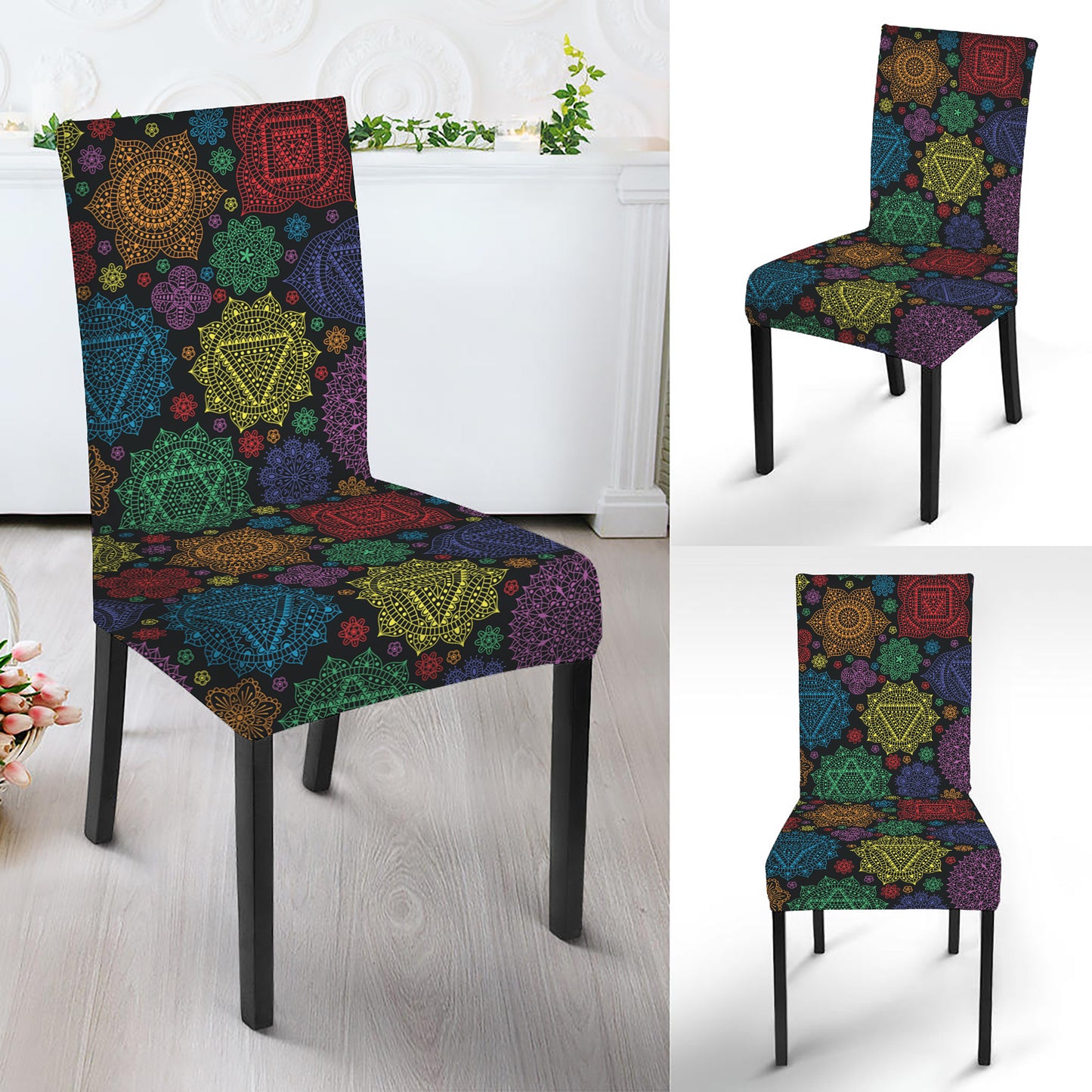 Seven Chakras Flowers Pattern Print Dining Chair Slipcover