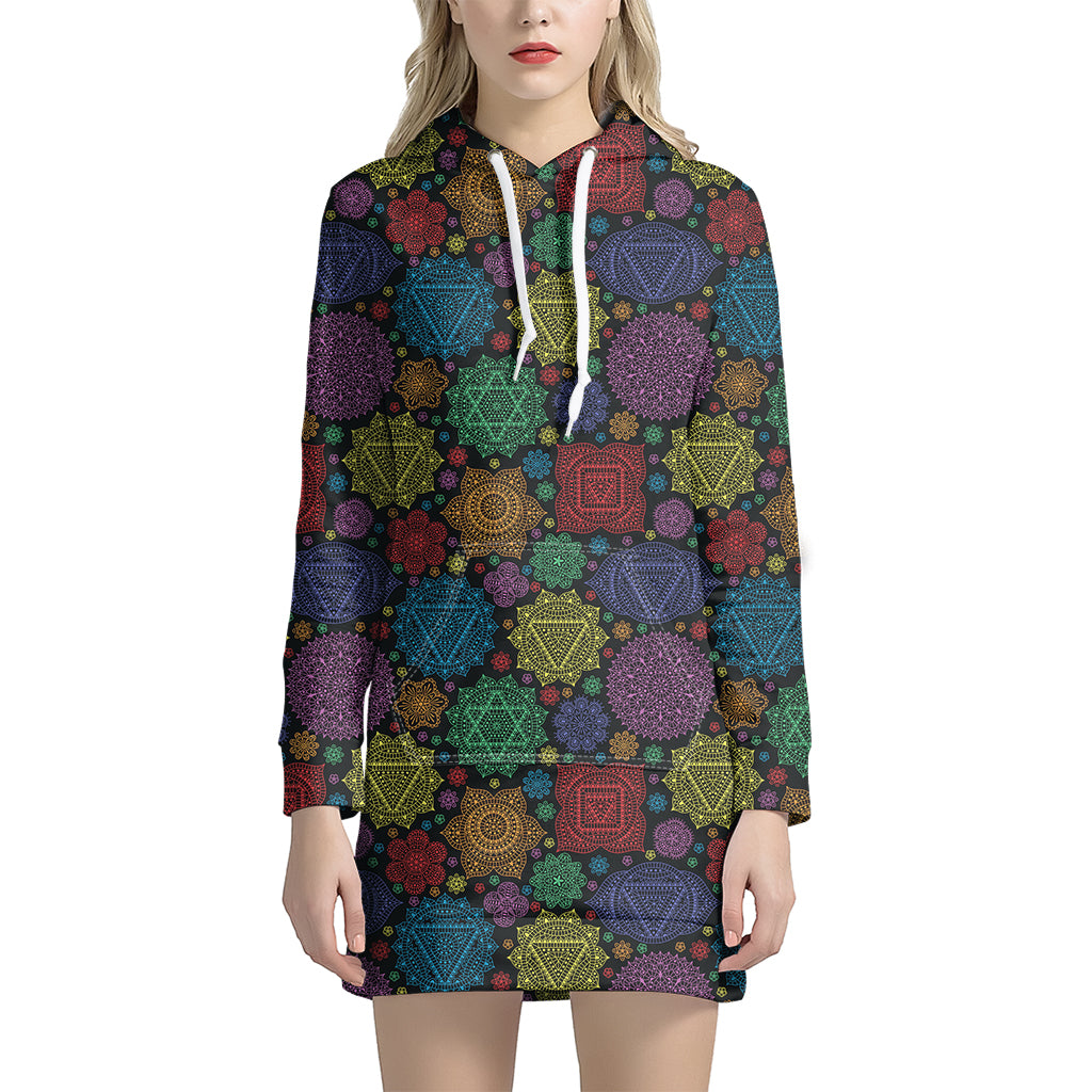 Seven Chakras Flowers Pattern Print Hoodie Dress