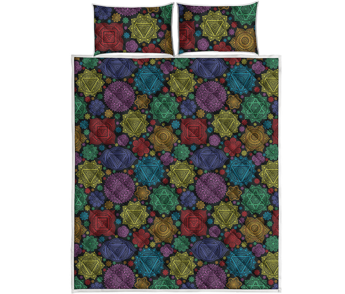 Seven Chakras Flowers Pattern Print Quilt Bed Set