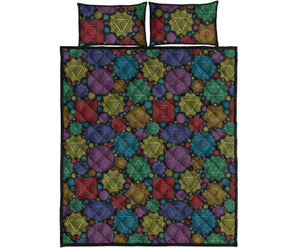 Seven Chakras Flowers Pattern Print Quilt Bed Set