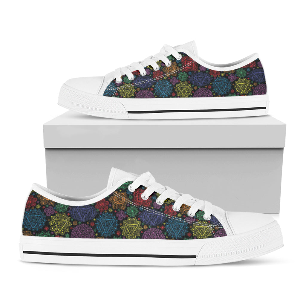 Seven Chakras Flowers Pattern Print White Low Top Shoes