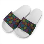 Seven Chakras Flowers Pattern Print White Slide Sandals