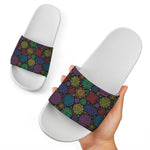Seven Chakras Flowers Pattern Print White Slide Sandals