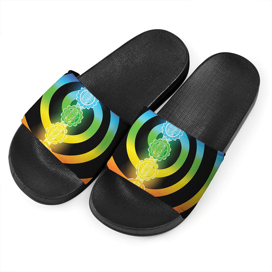 Seven Chakras Rainbow Of Life Print Black Slide Sandals