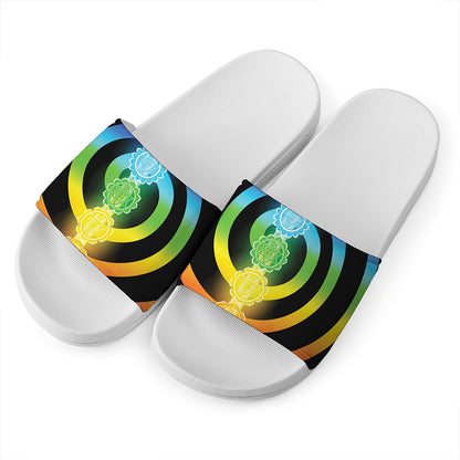 Seven Chakras Rainbow Of Life Print White Slide Sandals