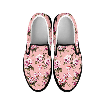 Shabby Chic Vintage Floral Print Black Slip On Shoes
