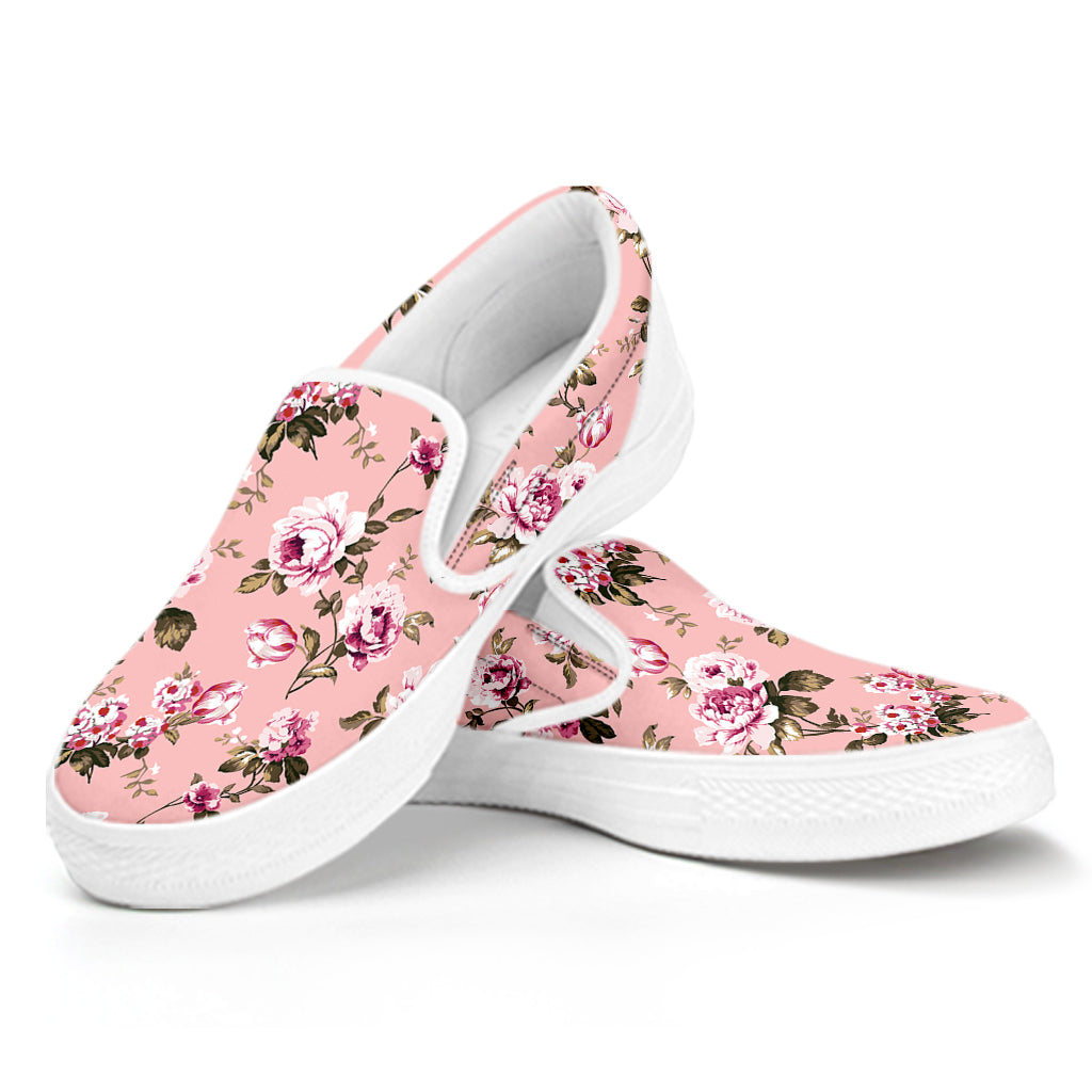 Shabby Chic Vintage Floral Print White Slip On Shoes
