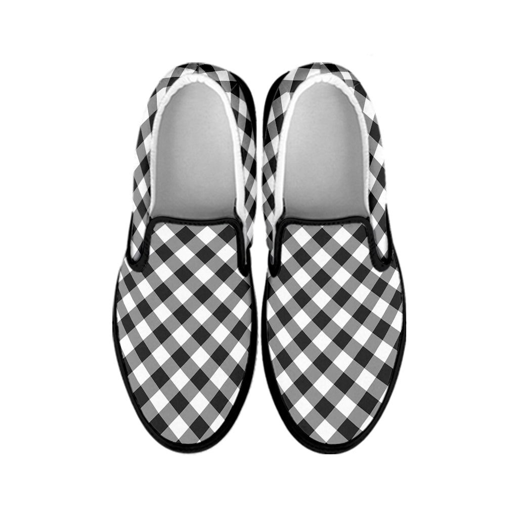 Shadow Grey And White Gingham Print Black Slip On Shoes