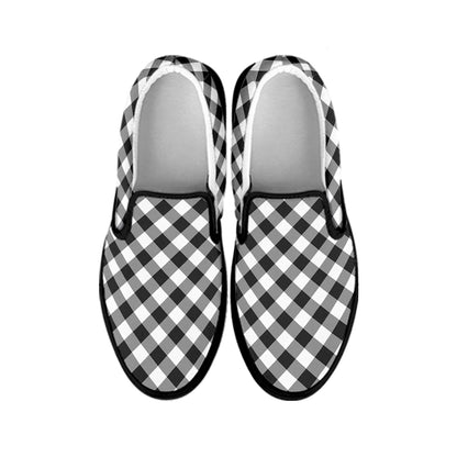 Shadow Grey And White Gingham Print Black Slip On Shoes