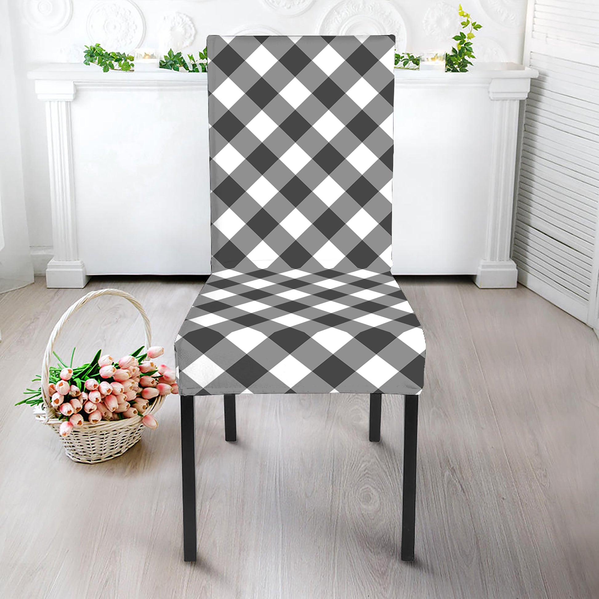 Shadow Grey And White Gingham Print Dining Chair Slipcover
