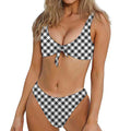 Shadow Grey And White Gingham Print Front Bow Tie Bikini