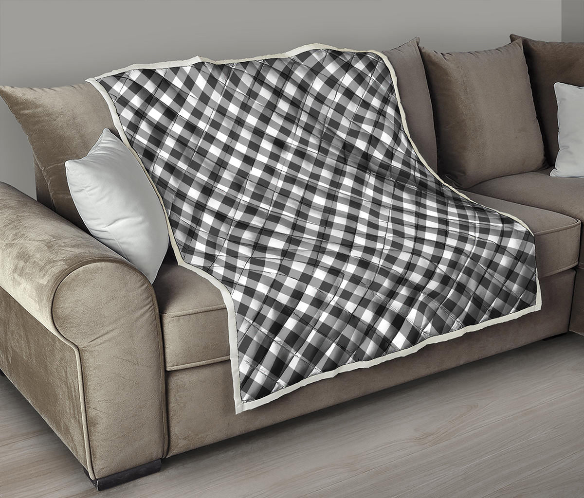 Shadow Grey And White Gingham Print Quilt