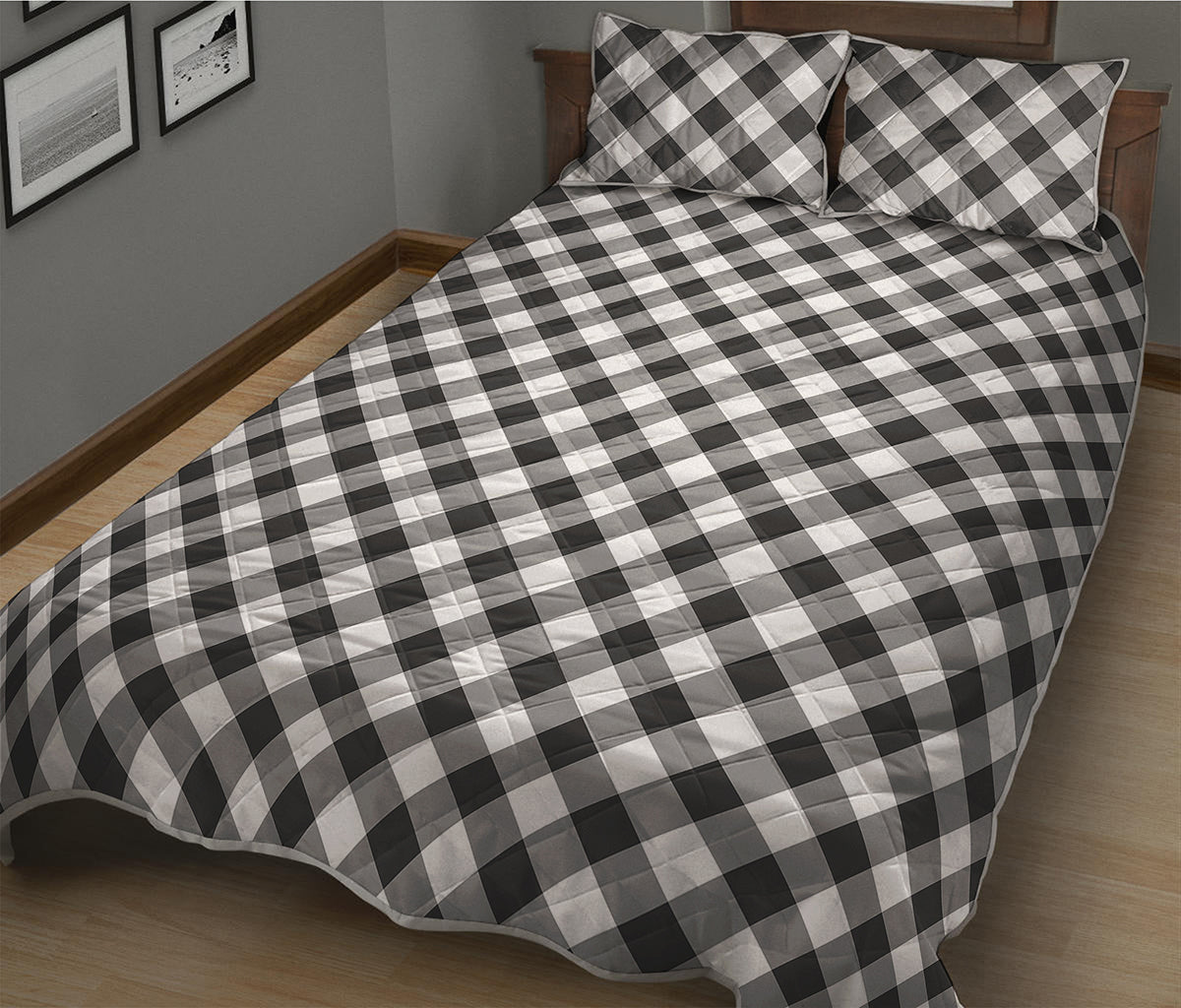 Shadow Grey And White Gingham Print Quilt Bed Set