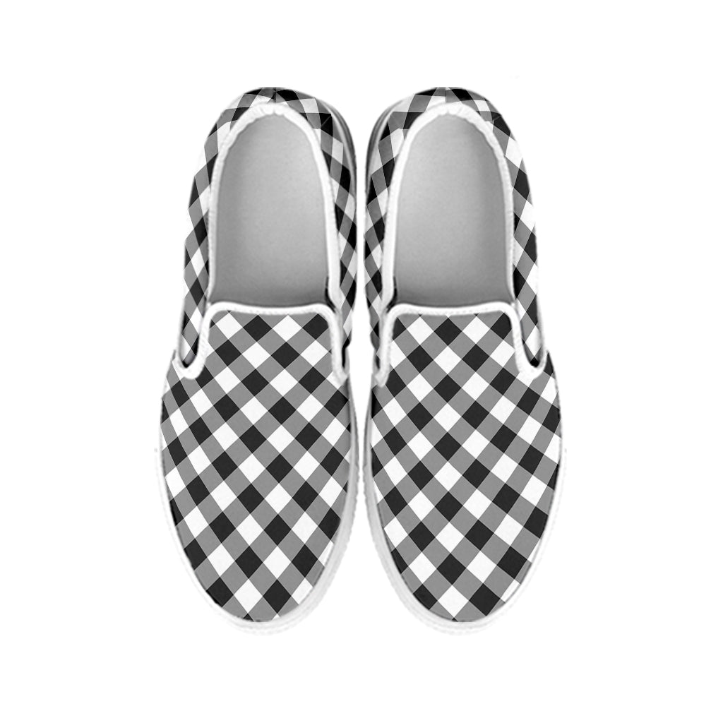 Shadow Grey And White Gingham Print White Slip On Shoes
