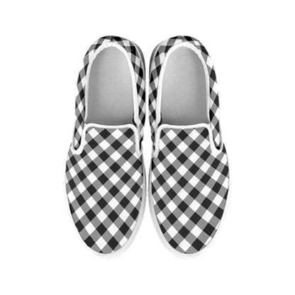 Shadow Grey And White Gingham Print White Slip On Shoes