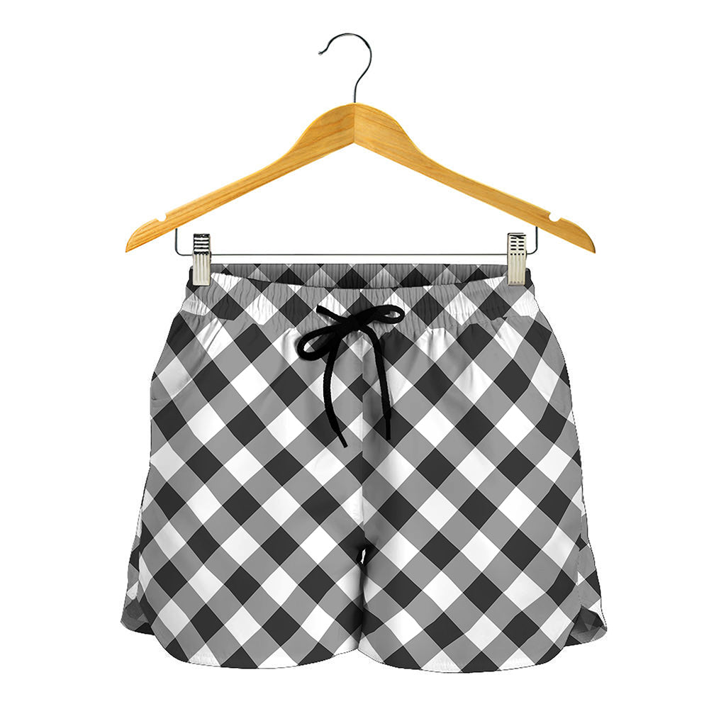 Shadow Grey And White Gingham Print Women's Shorts