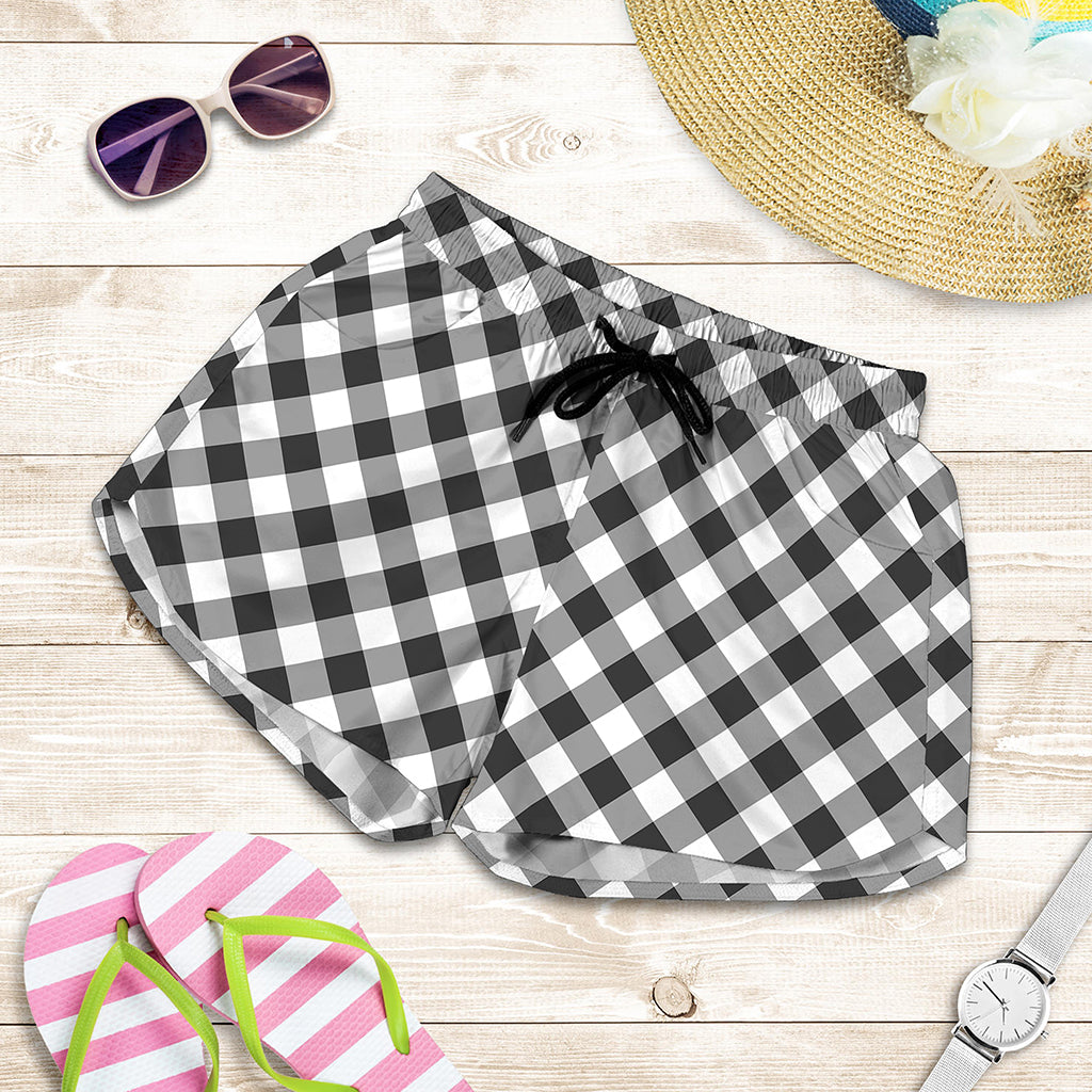 Shadow Grey And White Gingham Print Women's Shorts